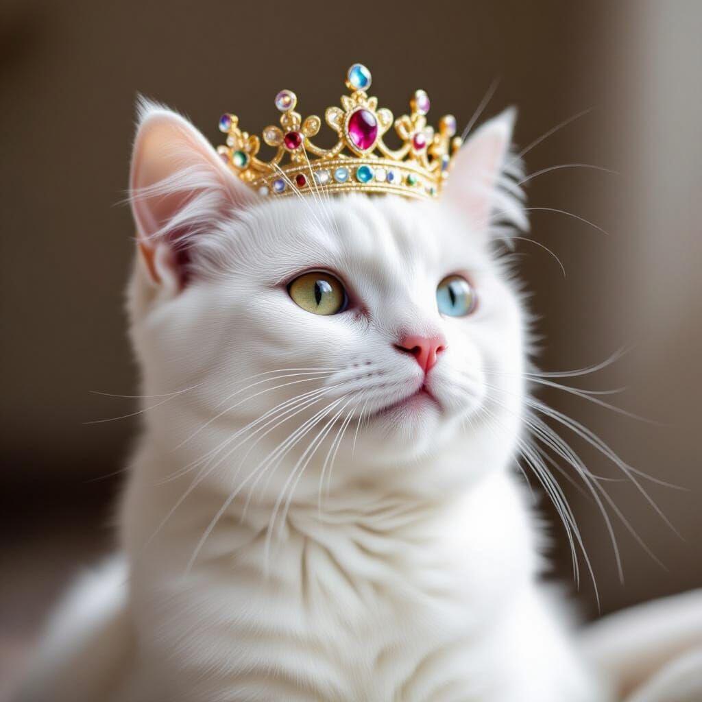 White Cat with Crown in Ultrarealistic Style
