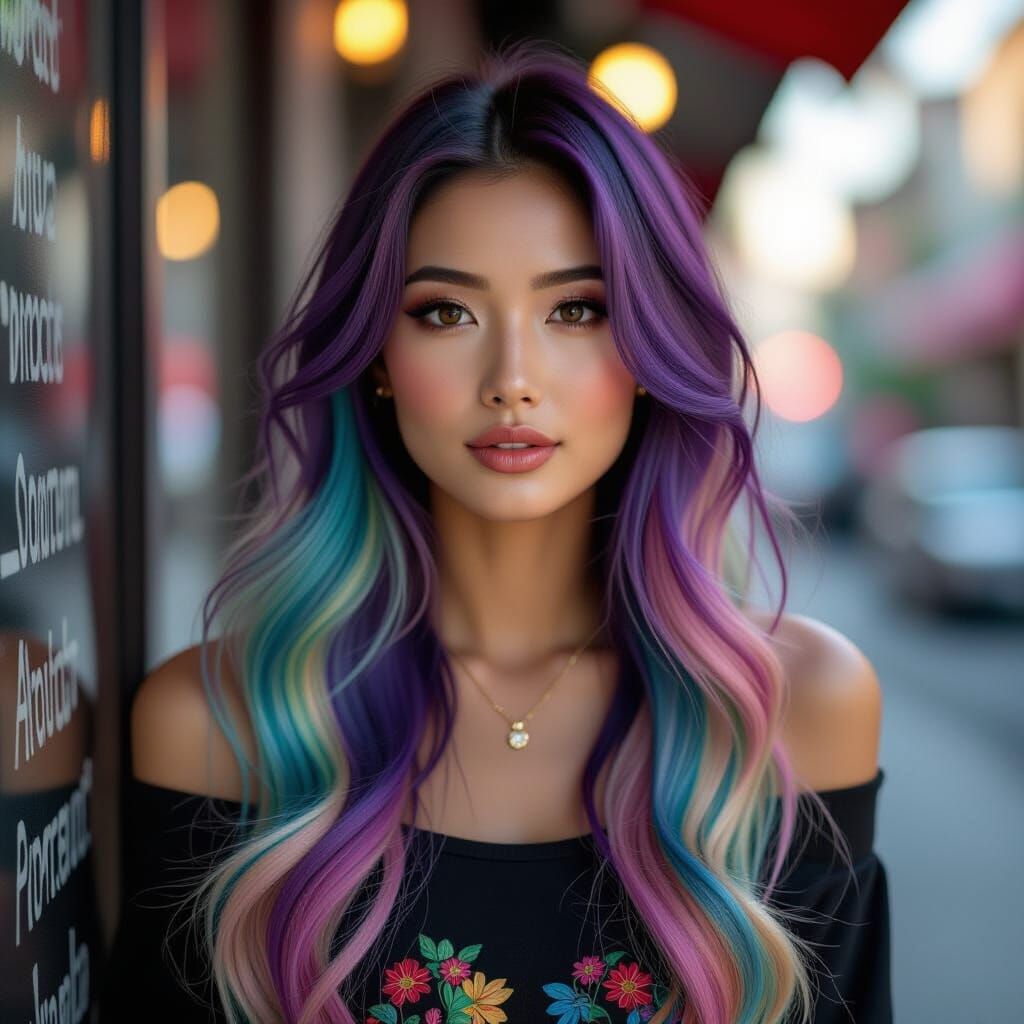 Proud Asian Woman with Elaborate Rainbow Hair