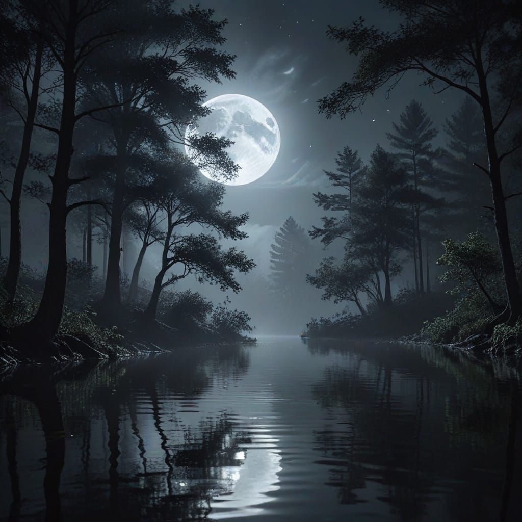 Silver Crescent Moon Reflected on Foggy Waters