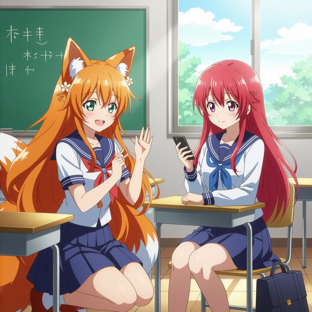 Anime Fox Girl Meeting in Classroom: 3D Rendered