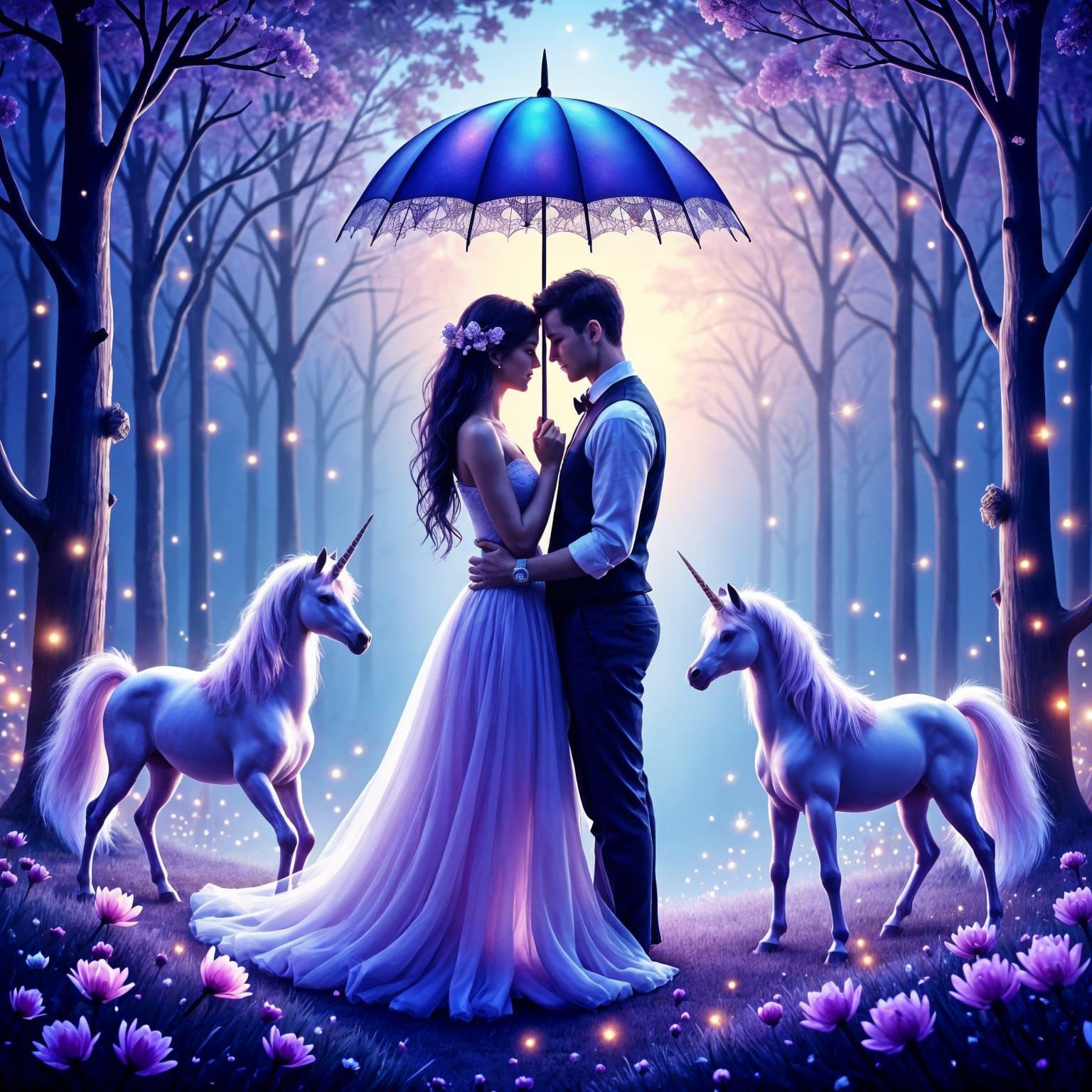 Couple with Unicorns in Iridescent Gardens