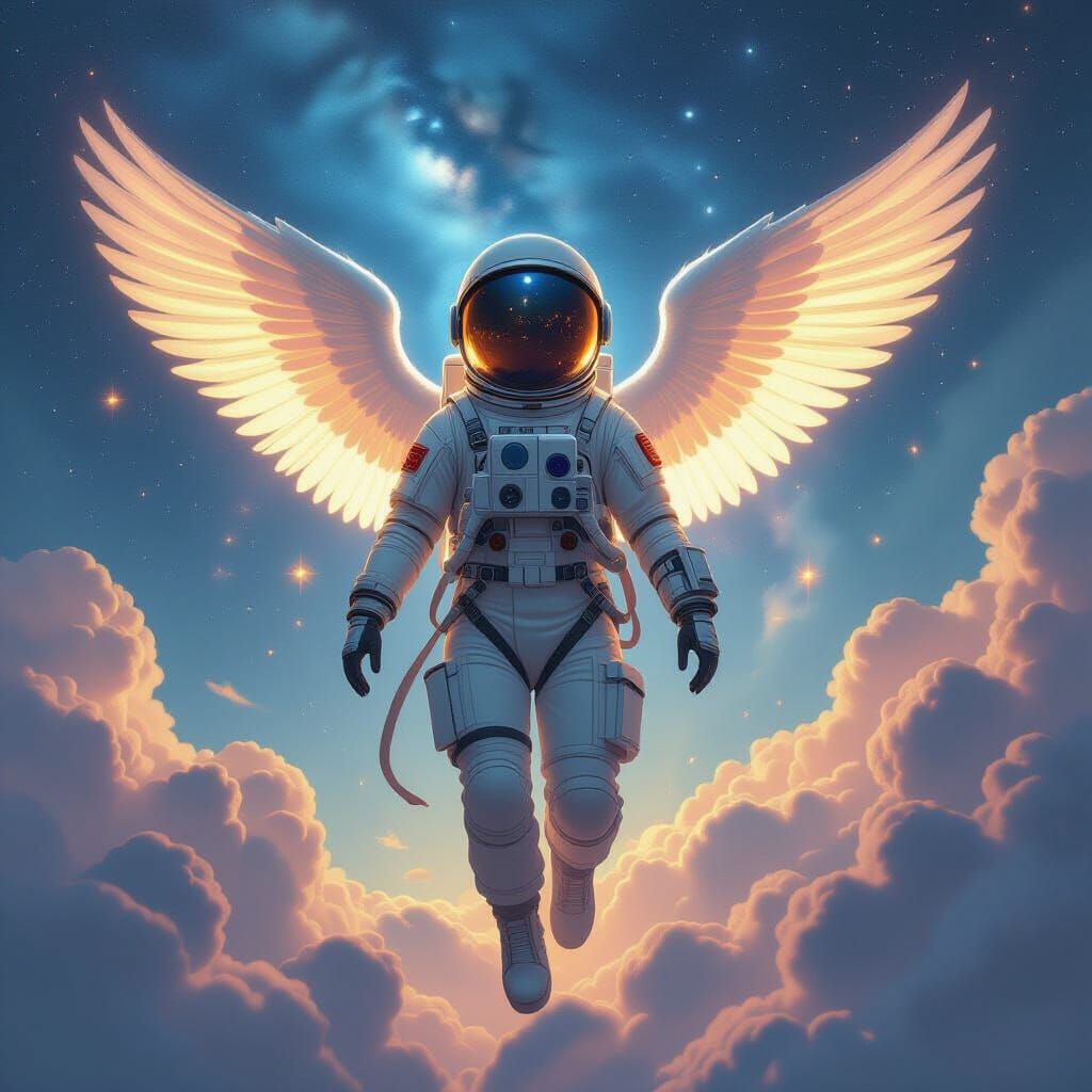 Astronaut Angel Descends from Heaven in Ethereal Light