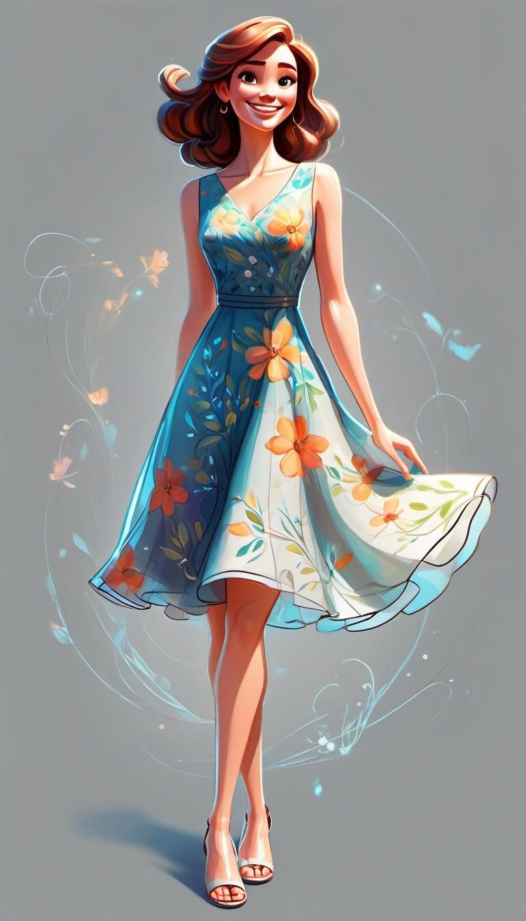 Smiling Girl in Floral Dress: Glen Keane Art Style