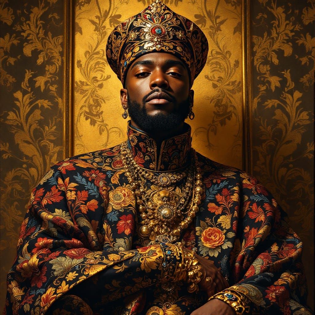 Regal Figure in Afrocentric Splendor with Golden Background