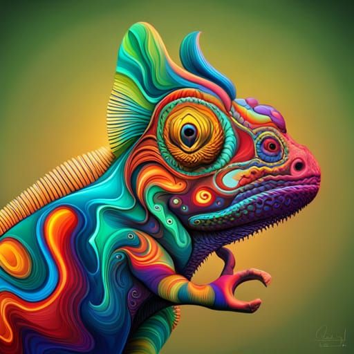 Hyperrealistic Chameleon with Abstract Fractal Design
