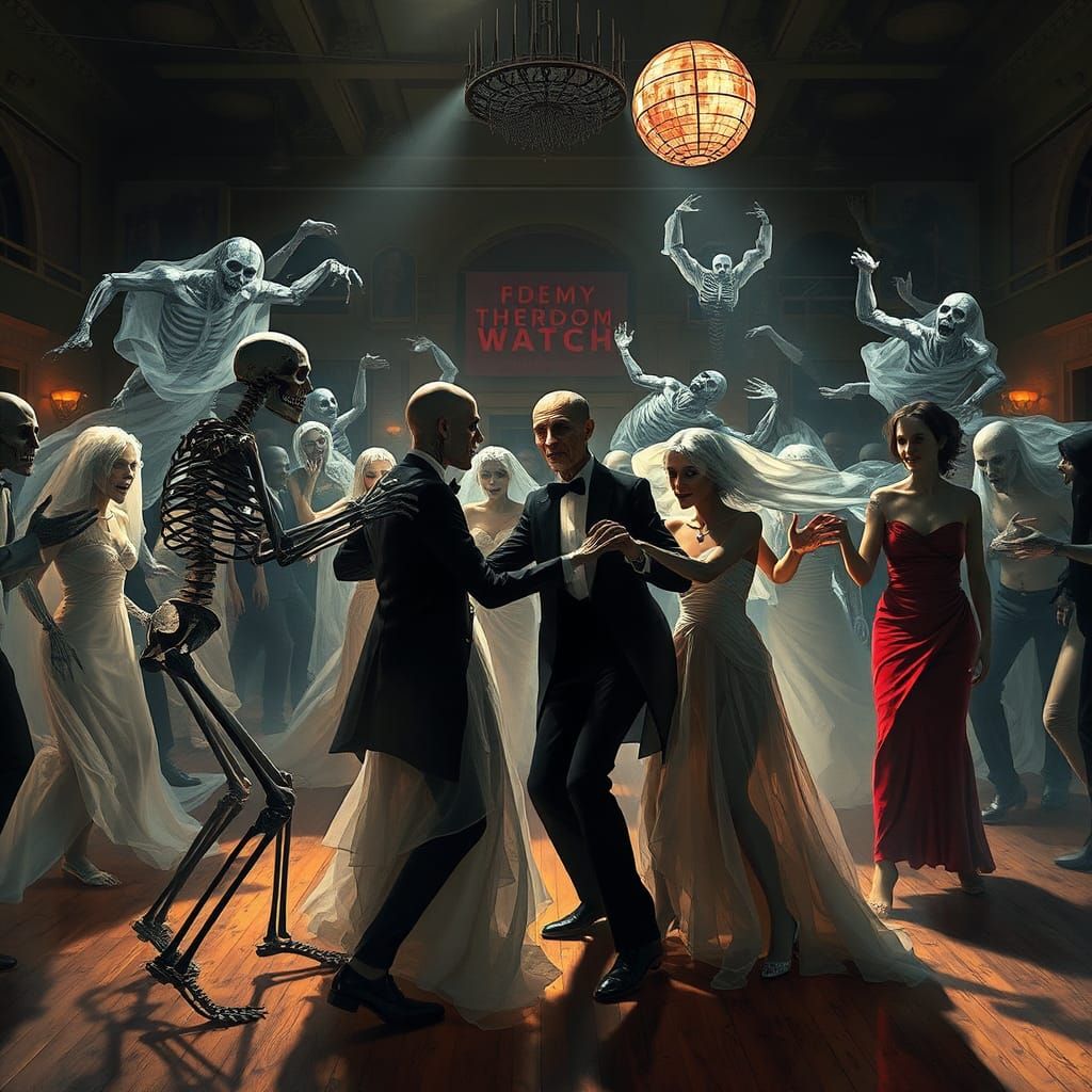 Surreal Graveyard Dance with Skeletons and Ghosts