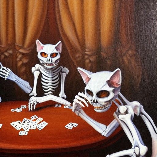 Skeleton Cats Playing Poker in Oil Painting Style