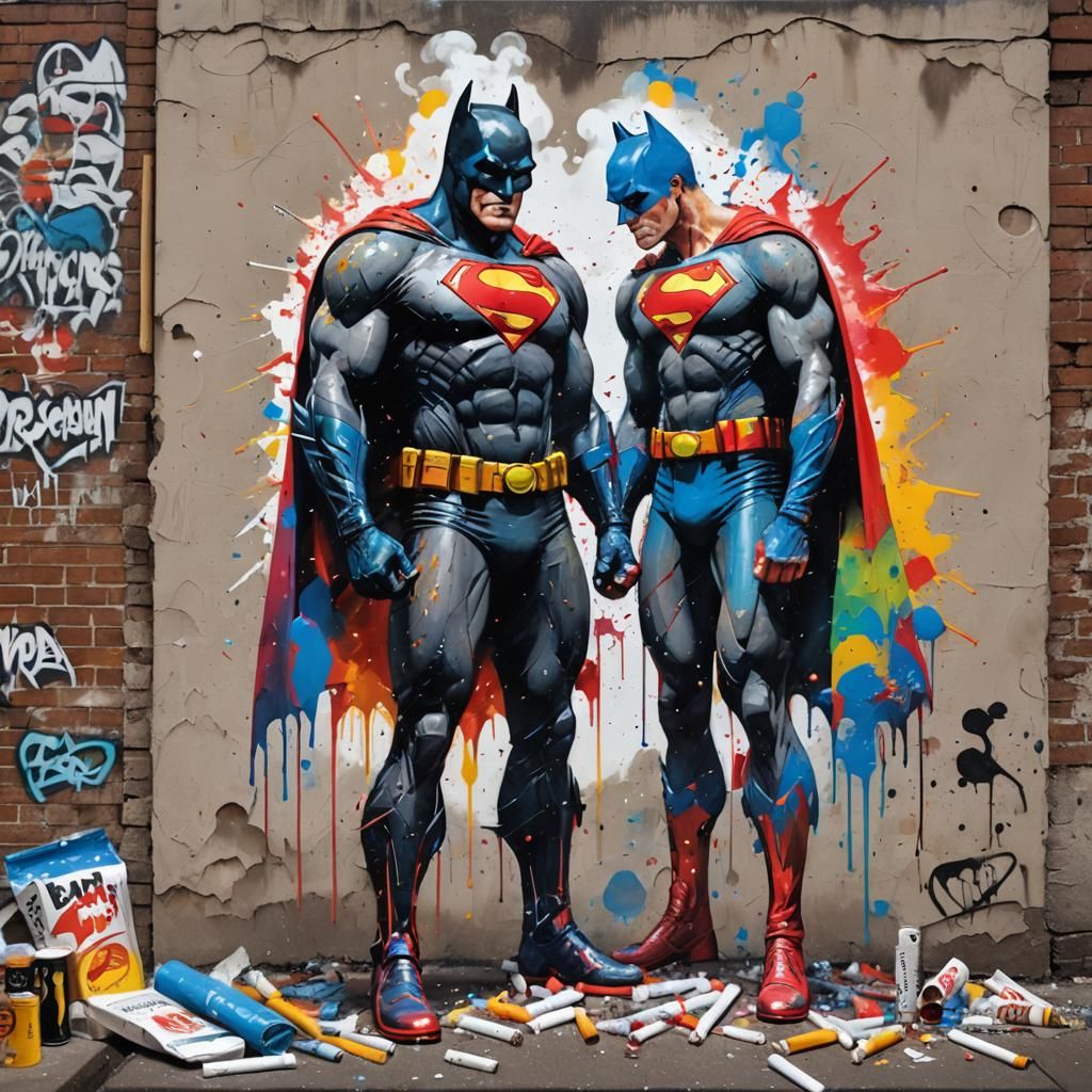 Batman and Superman Smoking: Graffiti Art