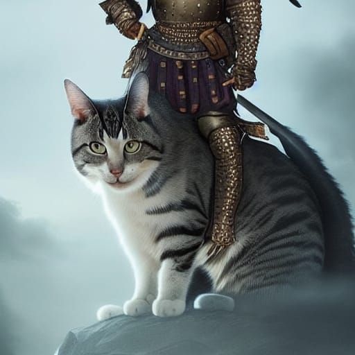 Medieval Warrior and Giant Cat, Epic Digital Painting