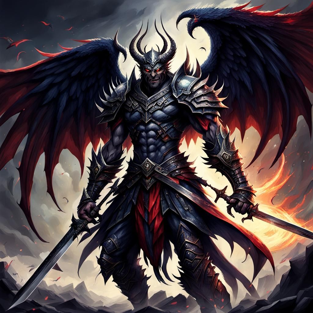 Winged Demons with Swords in Dark Fantasy Style