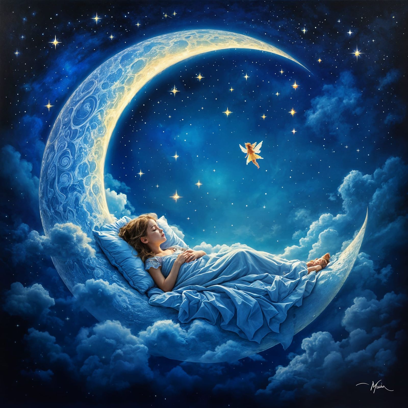 A Serene Fantasy Scene on a Vibrant Crescent Moon in Oil Pai...