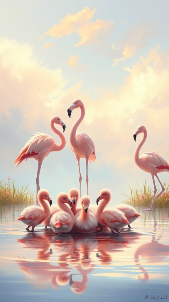 Flamingo Chicks in Marsh as Impressionistic Oil Painting