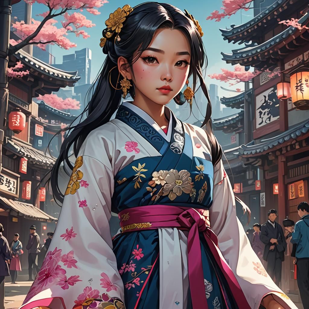 Cyberpunk Korean Princess in Hanbok: Anime Style