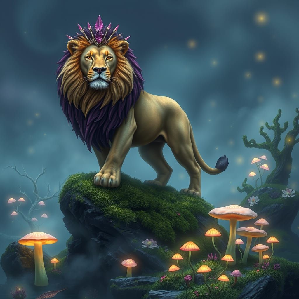 Lion with Amethyst Spikes in Mystical Swamp