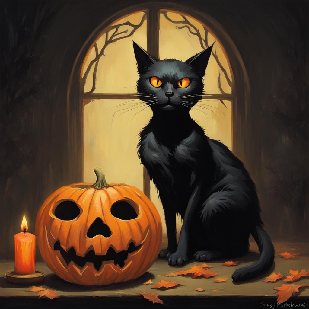 Sinister Black Cat with Jack-o'-Lantern and Skull