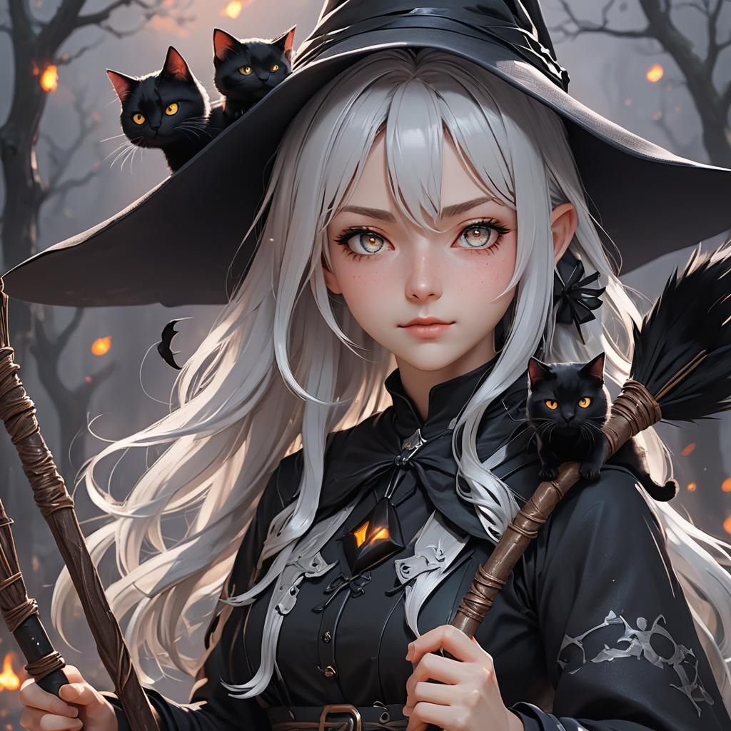 Anime Witch Girl with Black Cat, 3D Art