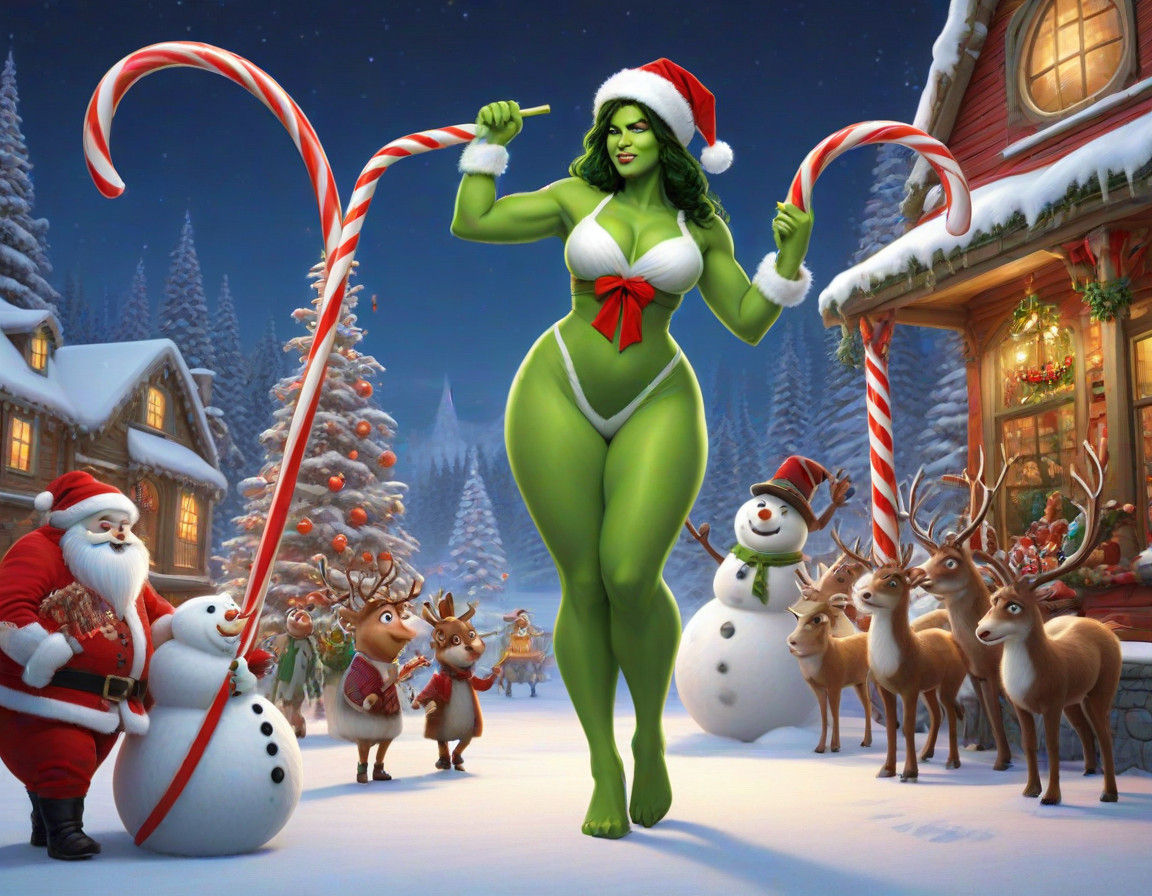 (Beautiful voluptuous She-Hulk celebrating Christmas by pole...