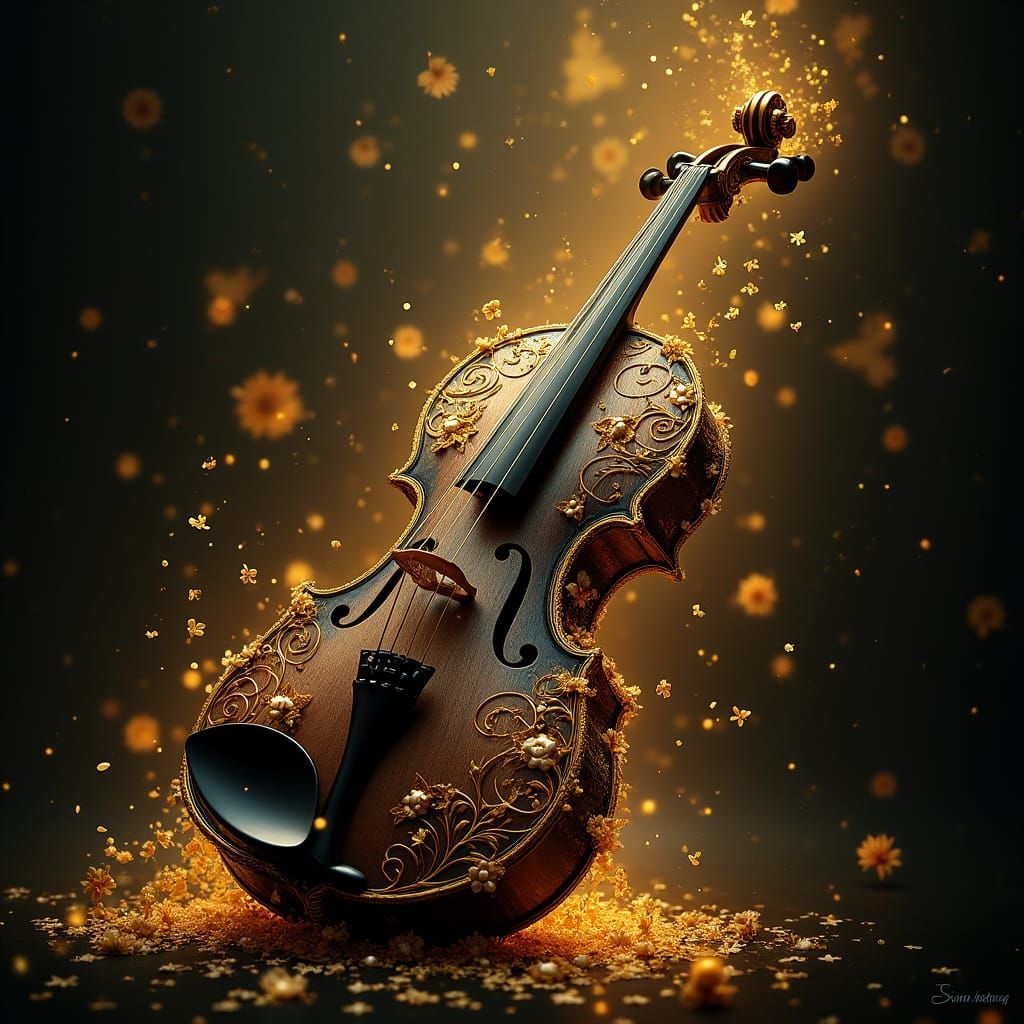 Mystical Beethoven Violin Radiates Golden Aura in Art Nouvea...