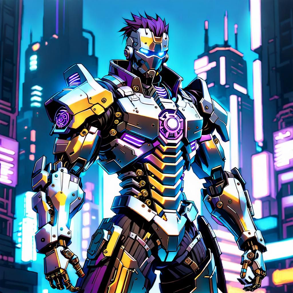 Cyberpunk Anime Hero in Metallic Cityscape