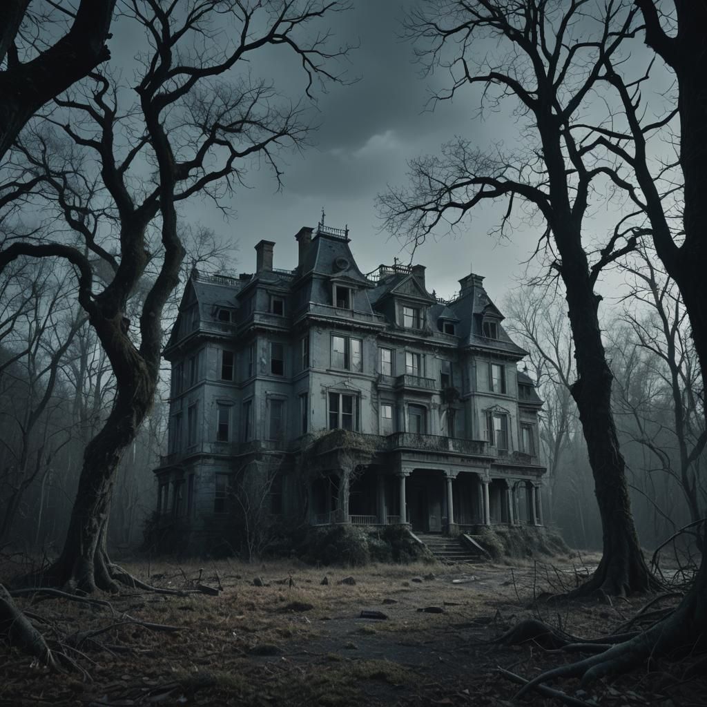 Dark Atmospheric Mansion in Shadowy Moonlight
