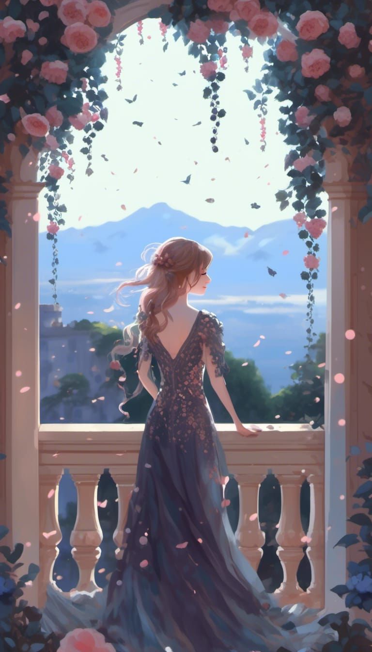 Woman with Cat on Balcony in Pastel Style