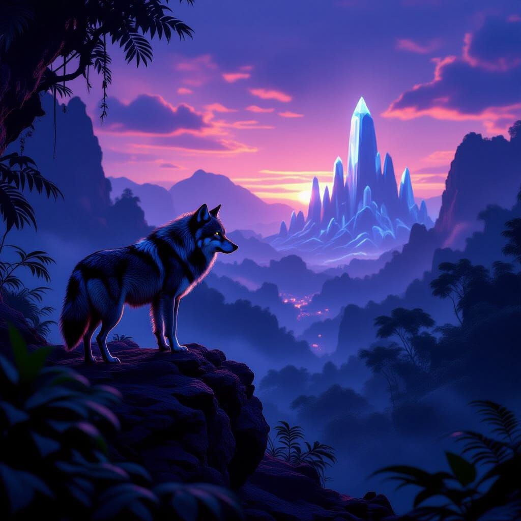 Lone Wolf Over Alien Jungle at Twilight