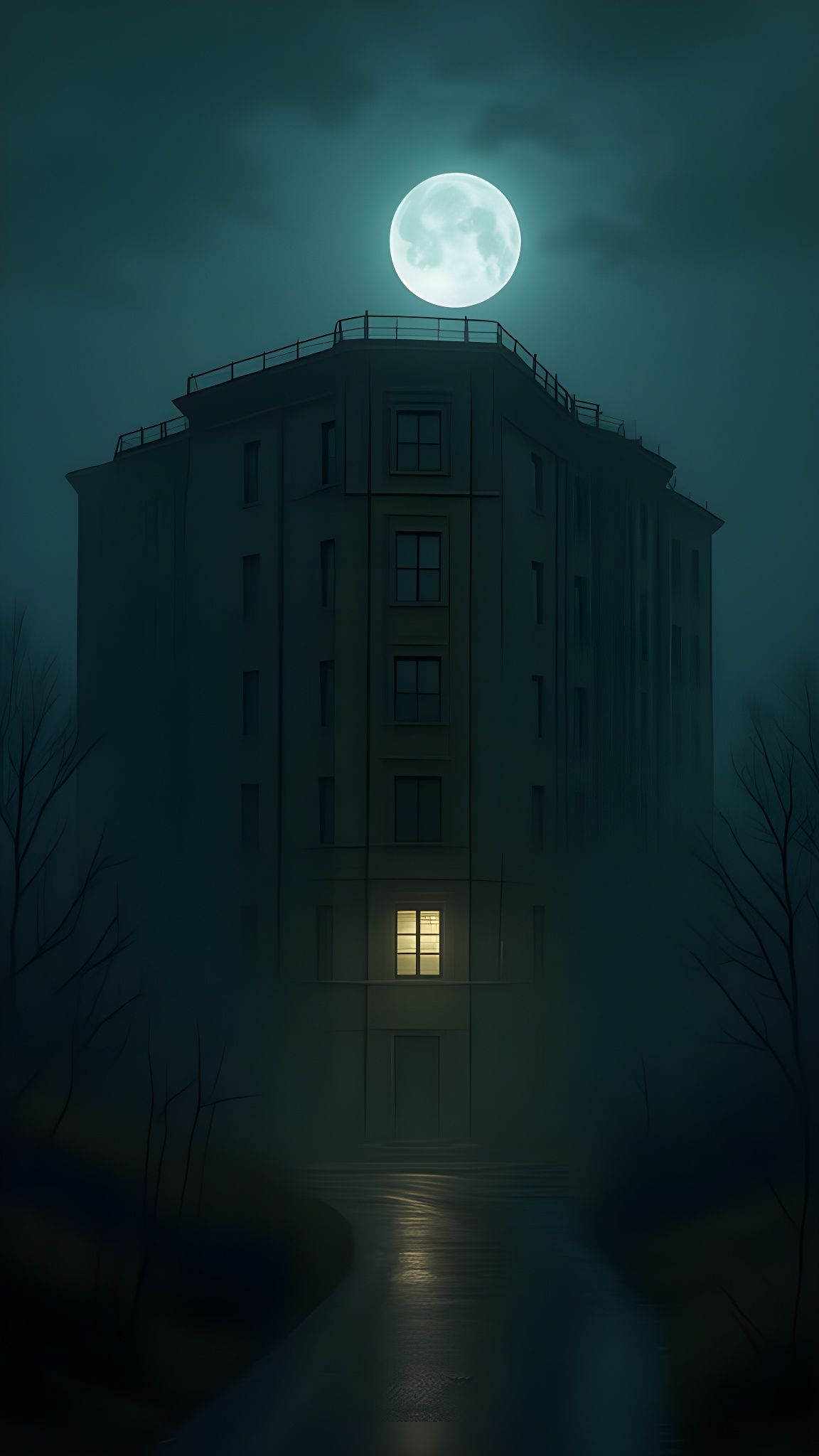 Eerie Abandoned Hotel at Night in Cinematic Horror Style