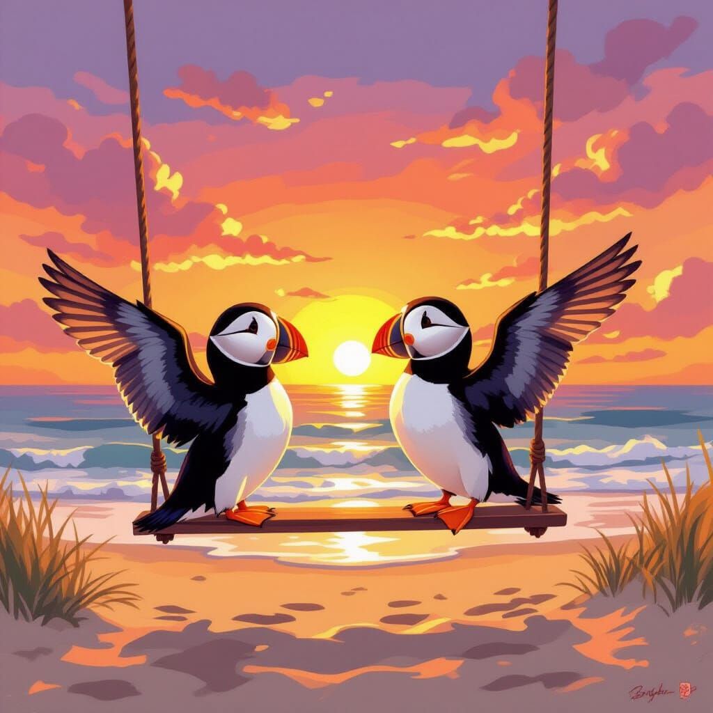 Whimsical Puffins Swinging at Sunset, Painterly Style