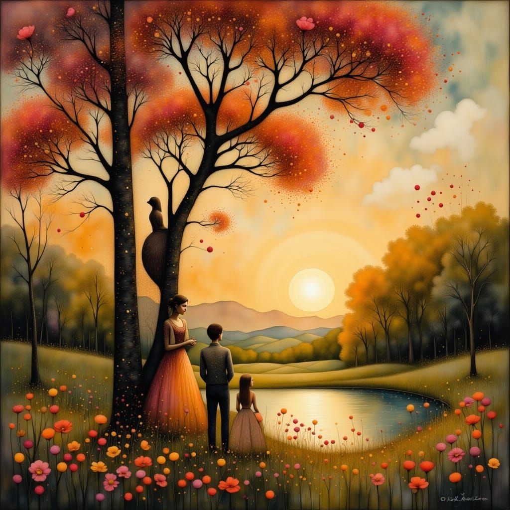 Couple by Pond at Sunrise in Liquid Ink Style