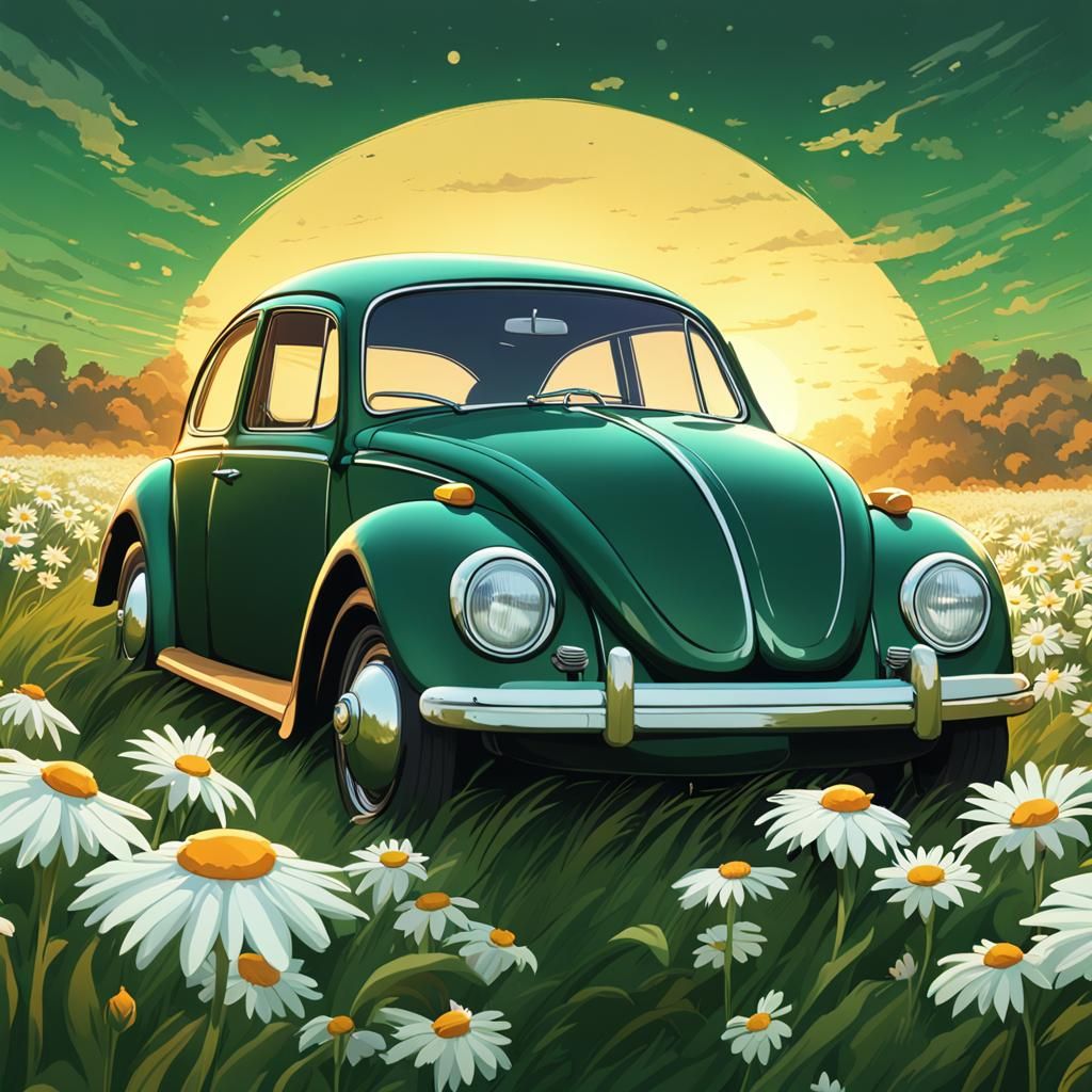 Guinea Pig Drives VW Beetle in Daisy Field