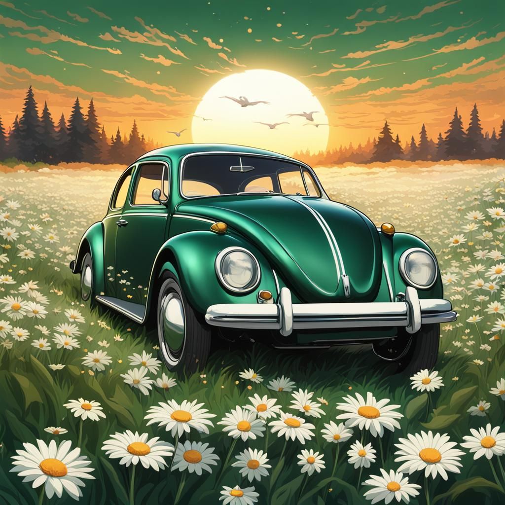 Guinea Pig Drives a VW Beetle at Sunset