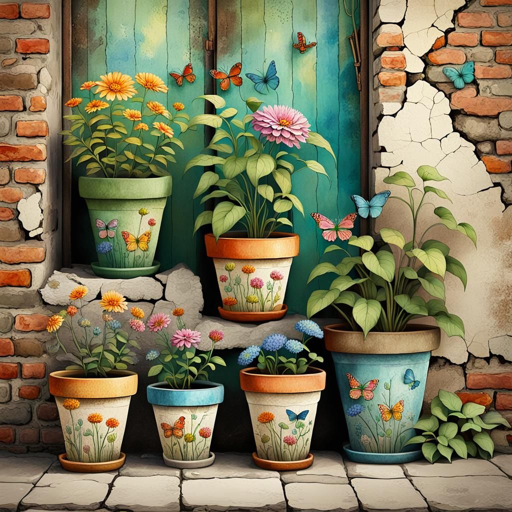 Whimsical Flower Pots in Vintage Watercolor Style