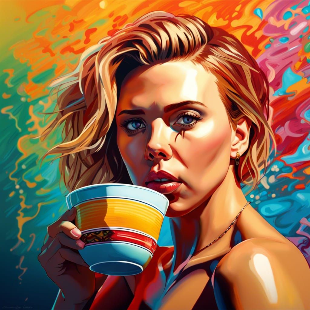 Hyperrealistic Scarlett Johansson Sips Tea: Splash Art