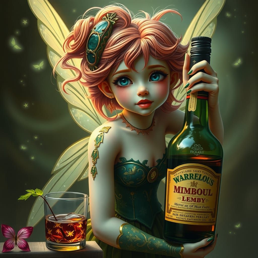 Futuristic Irish Fairy with Whiskey in Cyberpunk Style