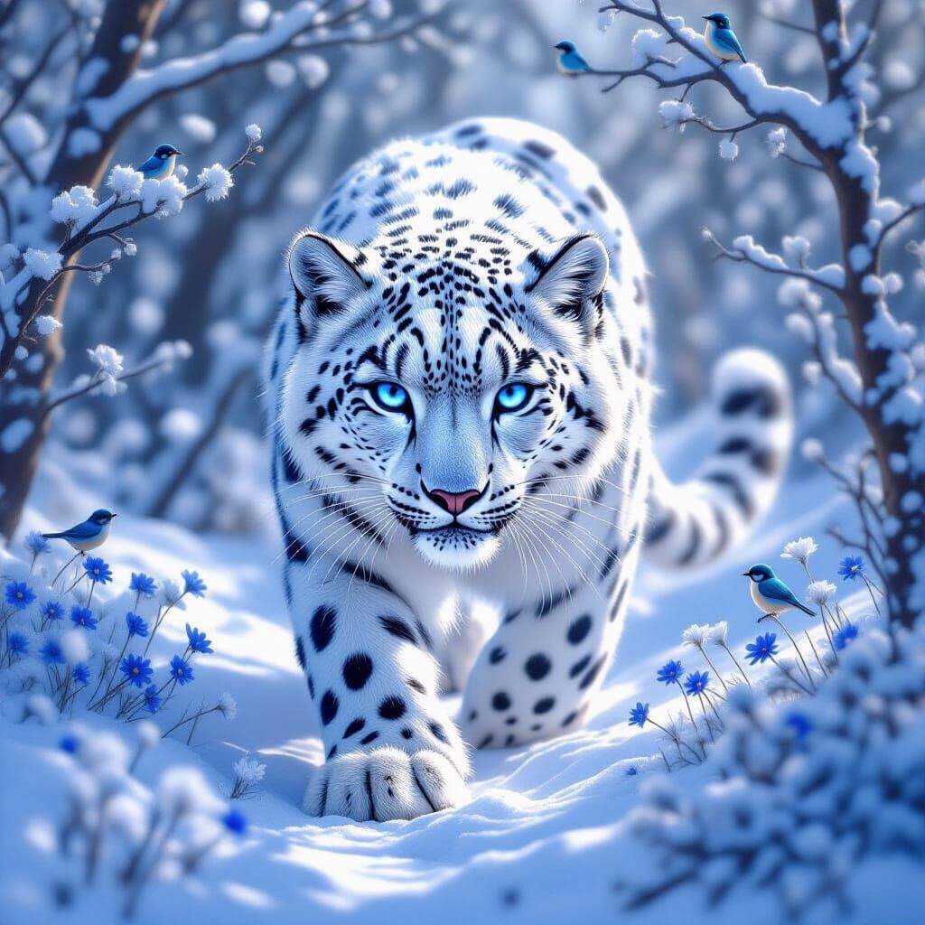 Floral Snow Leopard in Magical Forest