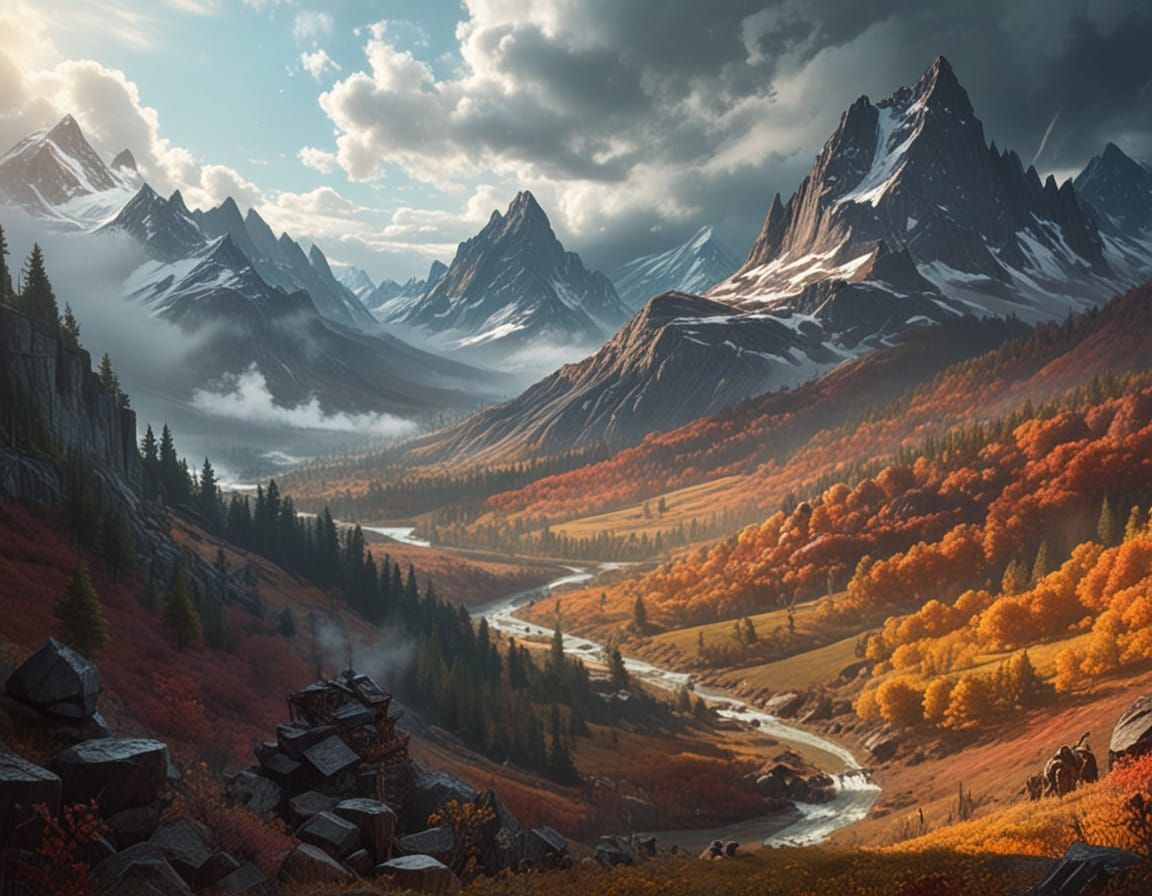 Majestic Valley Panorama in Fantastical Dry Brush Style