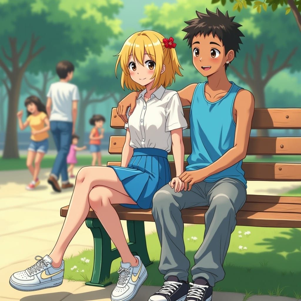 Korean Girl in Vibrant Anime Style with Friend on Park Bench