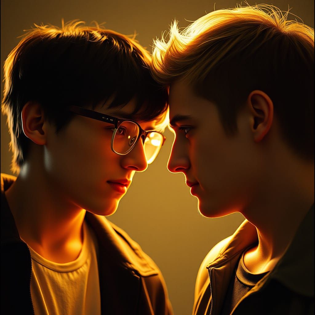 Cinematic Film Still of Two Boys Foreheads Touching