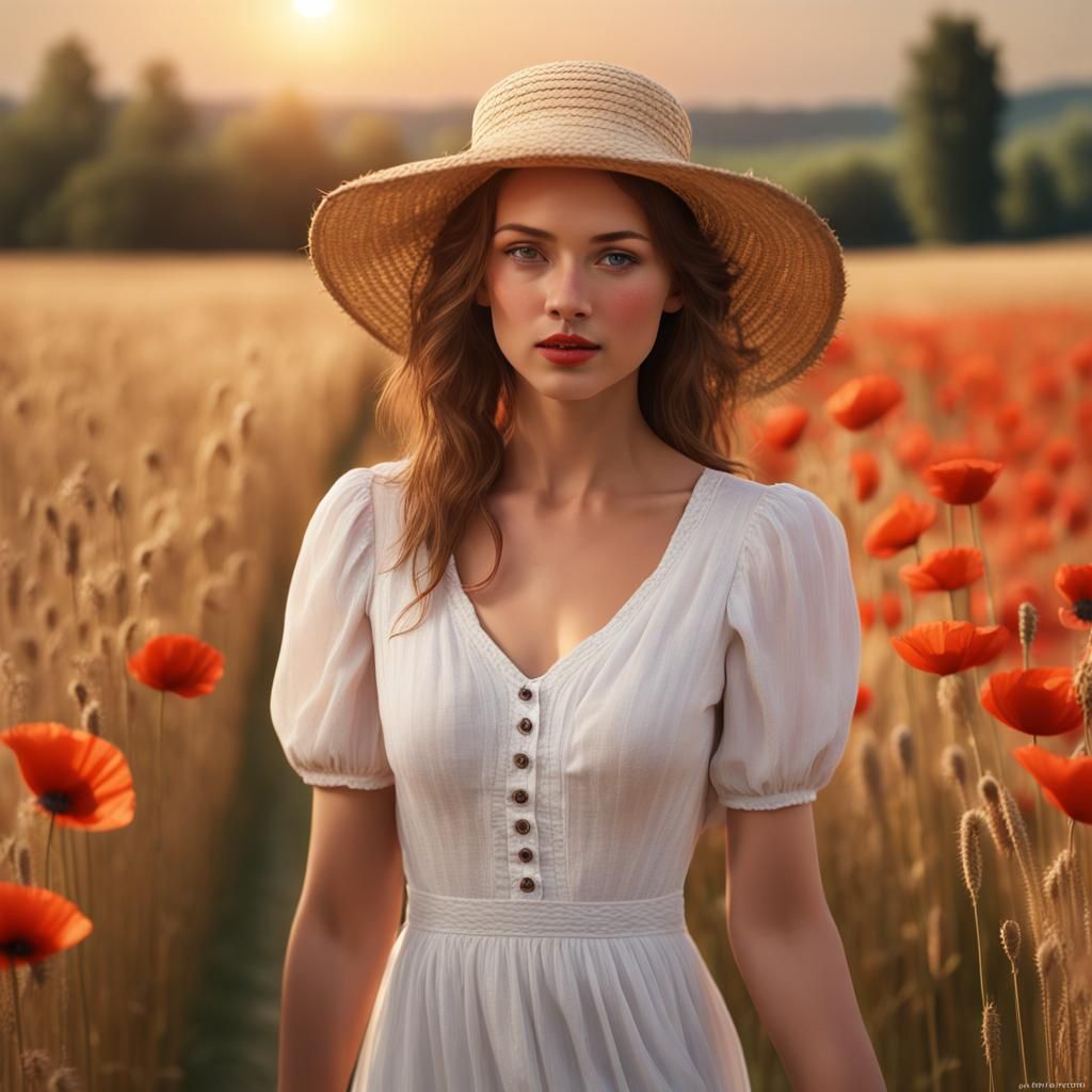 Young Woman Strolling Through Wheat Field at Sunset