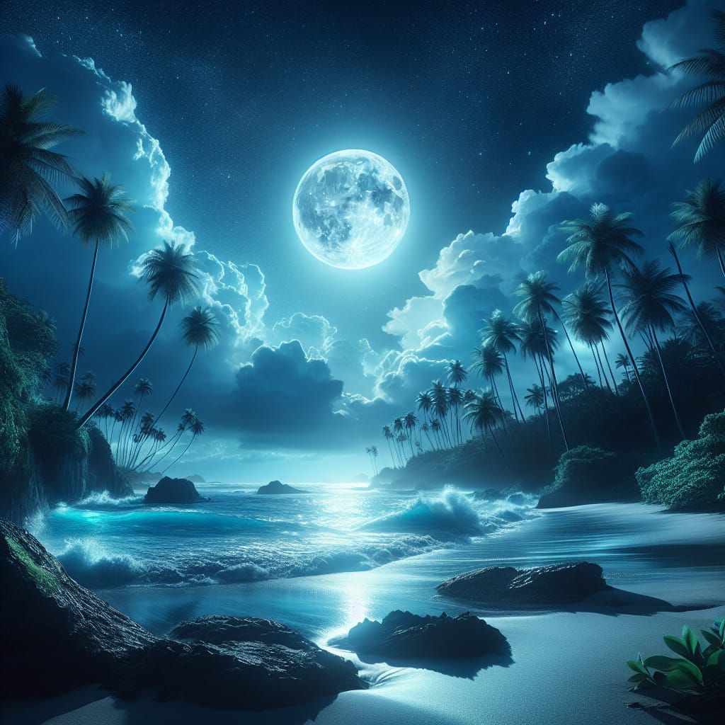 Moonlit Beach Paradise with Palm Trees and Tropical Flora