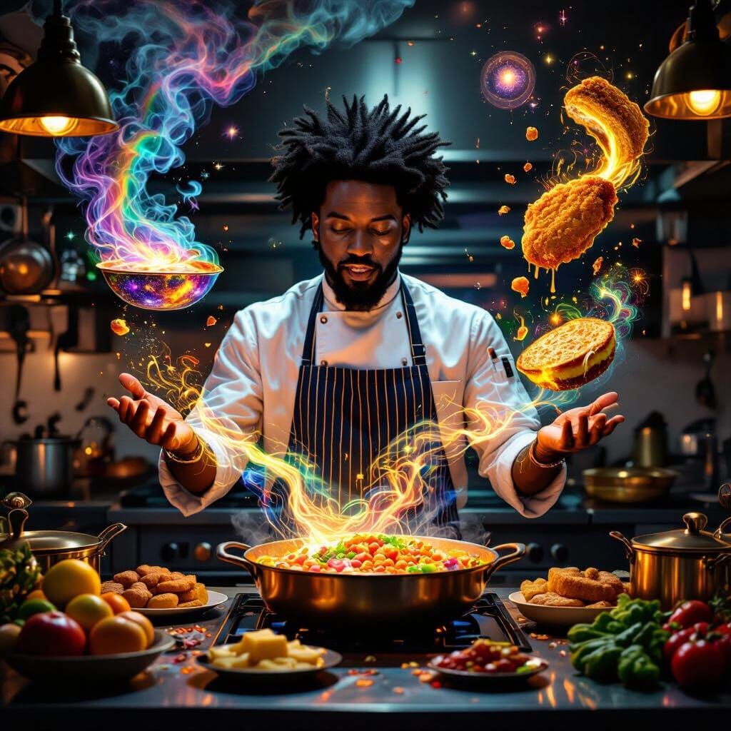 Afrosurreal Chef-Mage in Magical Glowing Kitchen