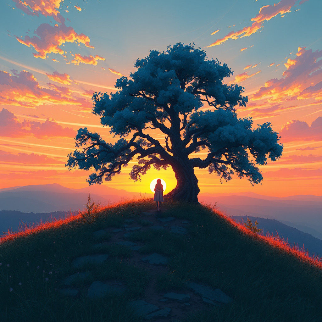 Cloaked Girl at Sunset Under Arched Tree