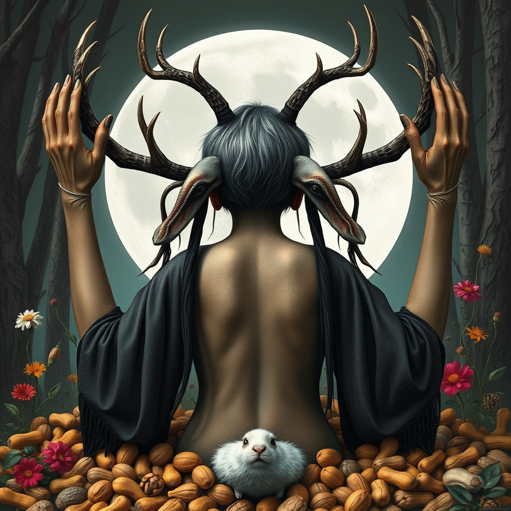 Hedge Witch with Antlers in Moonlit Woodland