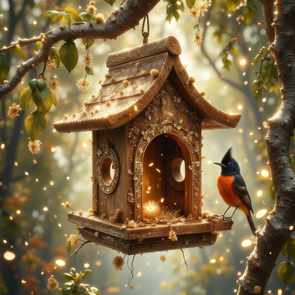 Elegant Red-Backed Fairywren at Carved Birdhouse