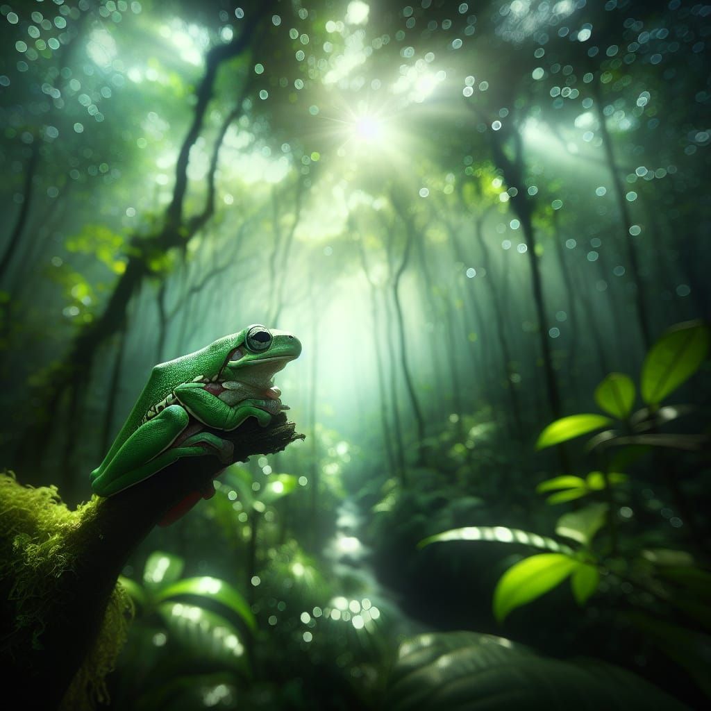 Green Tree Frog in Rainforest: Natural Light Photography