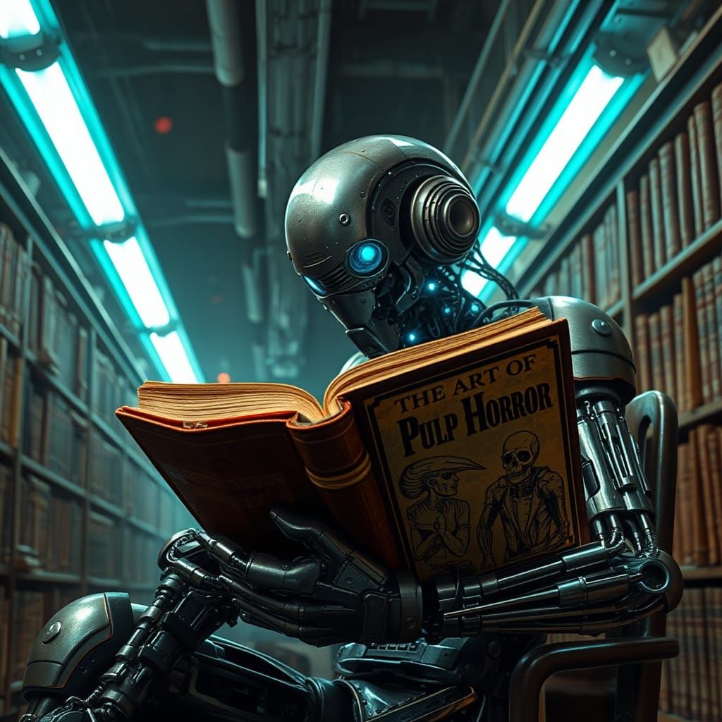 Bionic Cyborg Reads Pulp Horror in Industrial Library