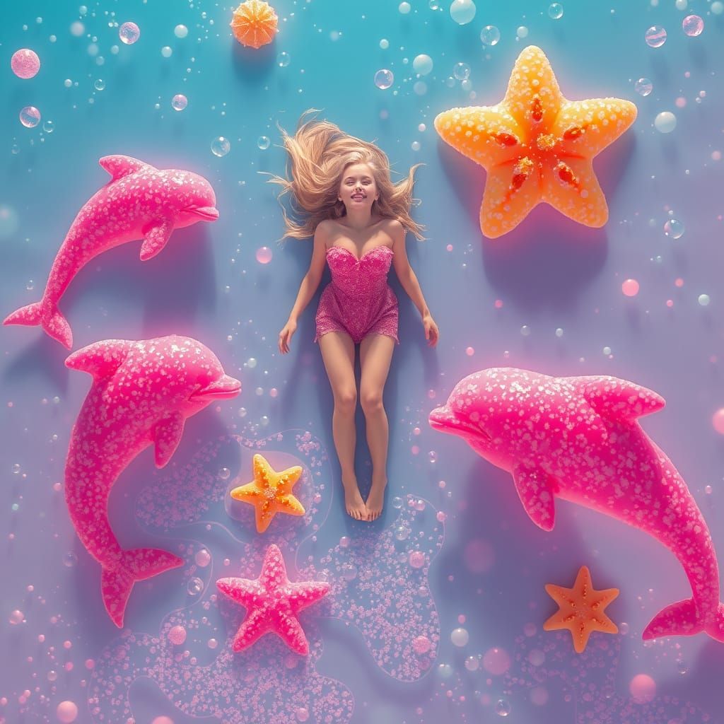 Dreamlike Soda Sea with Candy Creatures, Digital Art