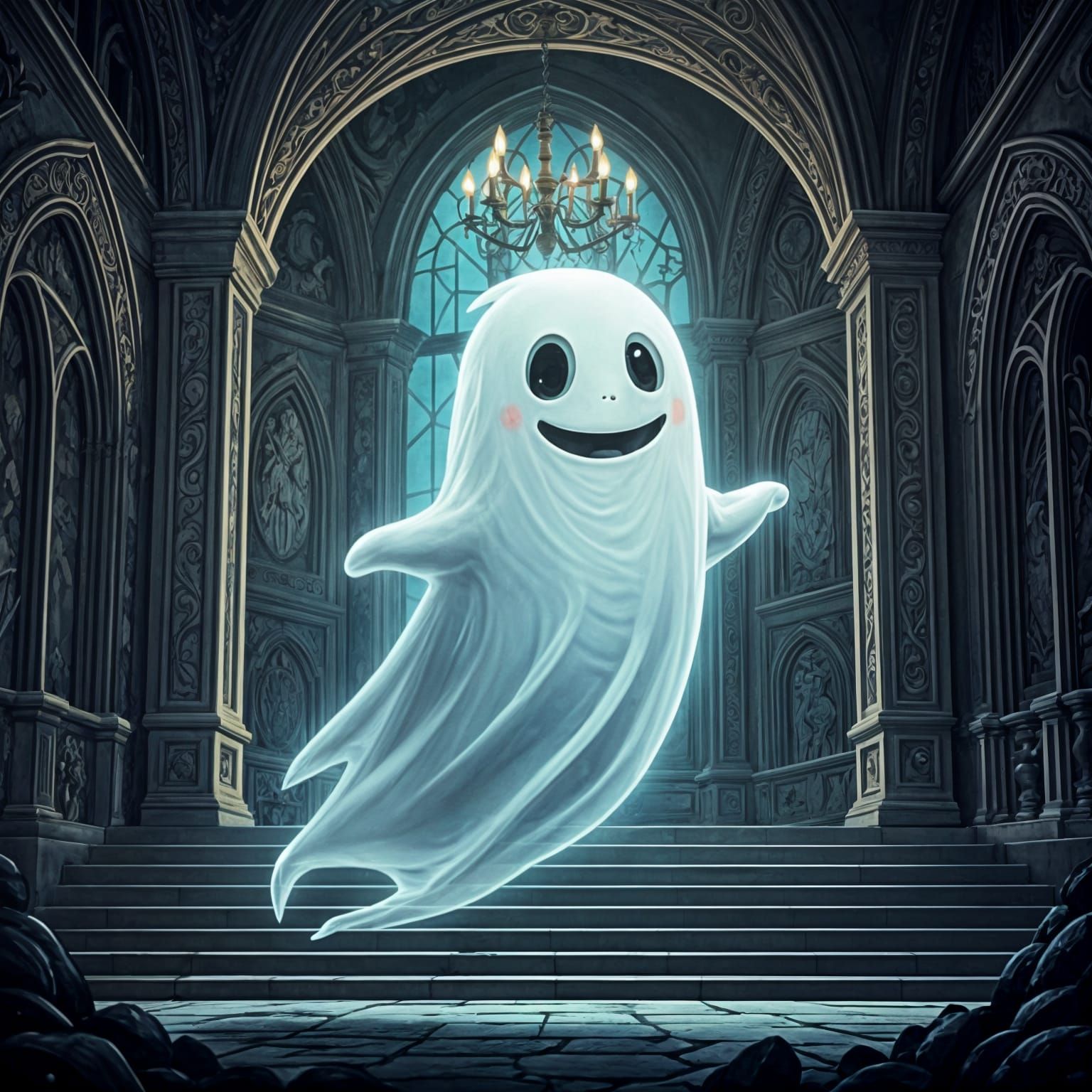 Adorable Ghost in Haunted Mansion Illustration