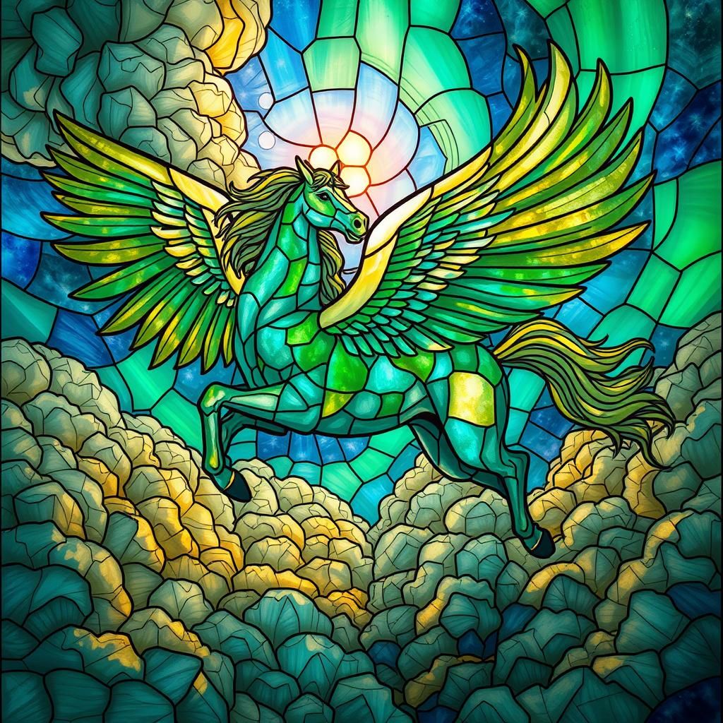 Pegasus Flight in Stained Glass Style