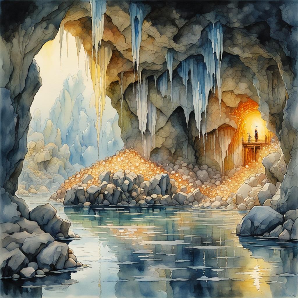 Crystal Cave Sparkling: Watercolor Fantasy Art